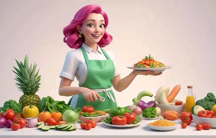 Beautiful Girl in the Kitchen Making Fresh Salad 3D Cartoon Style Illustration image